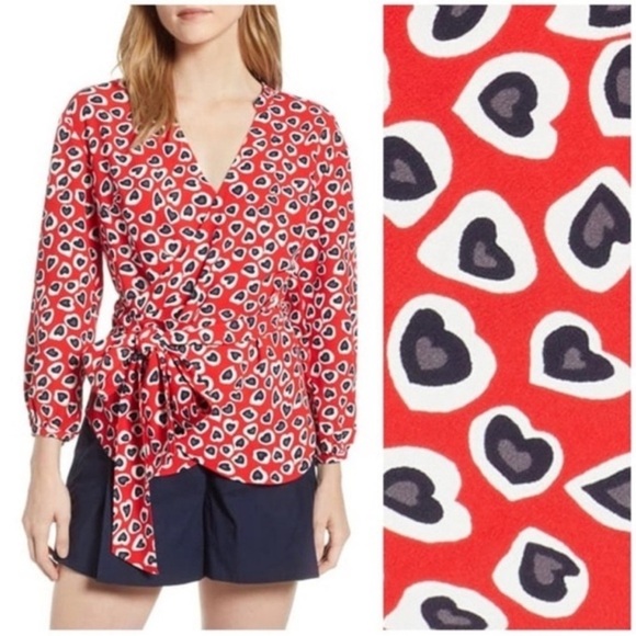 J Crew Heart Print Wrap Blouse Top Size Large - Picture 1 of 12